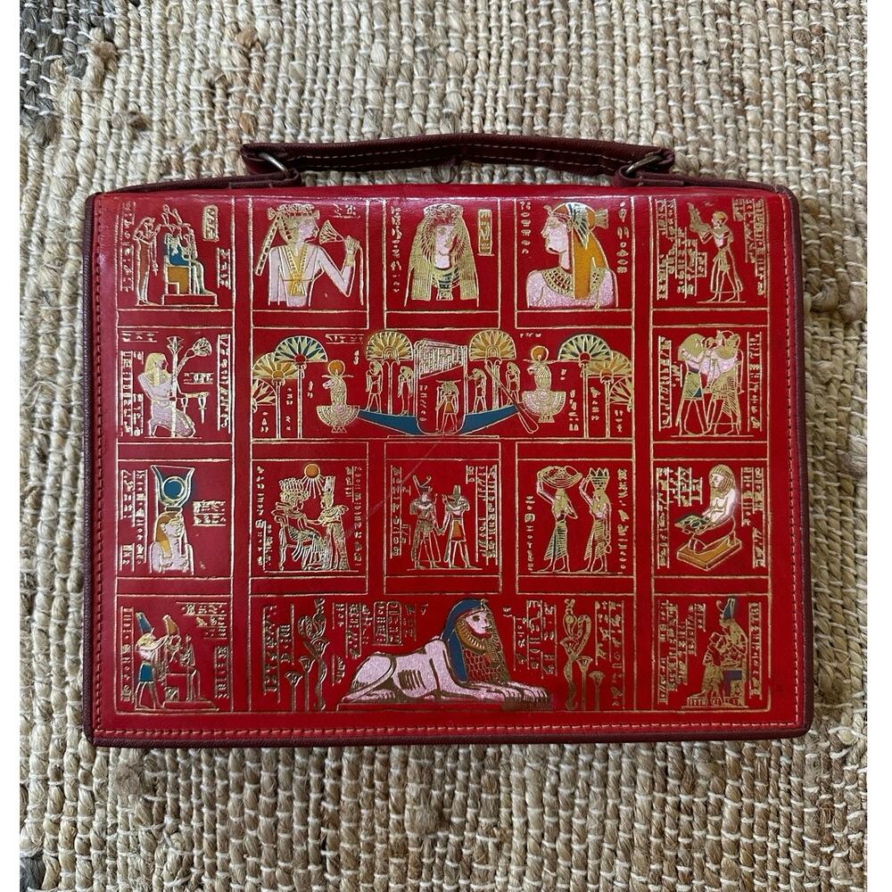 VintageTooled Leather bag 1970s Egyptian Revival red Gold Hieroglyphic Satchel